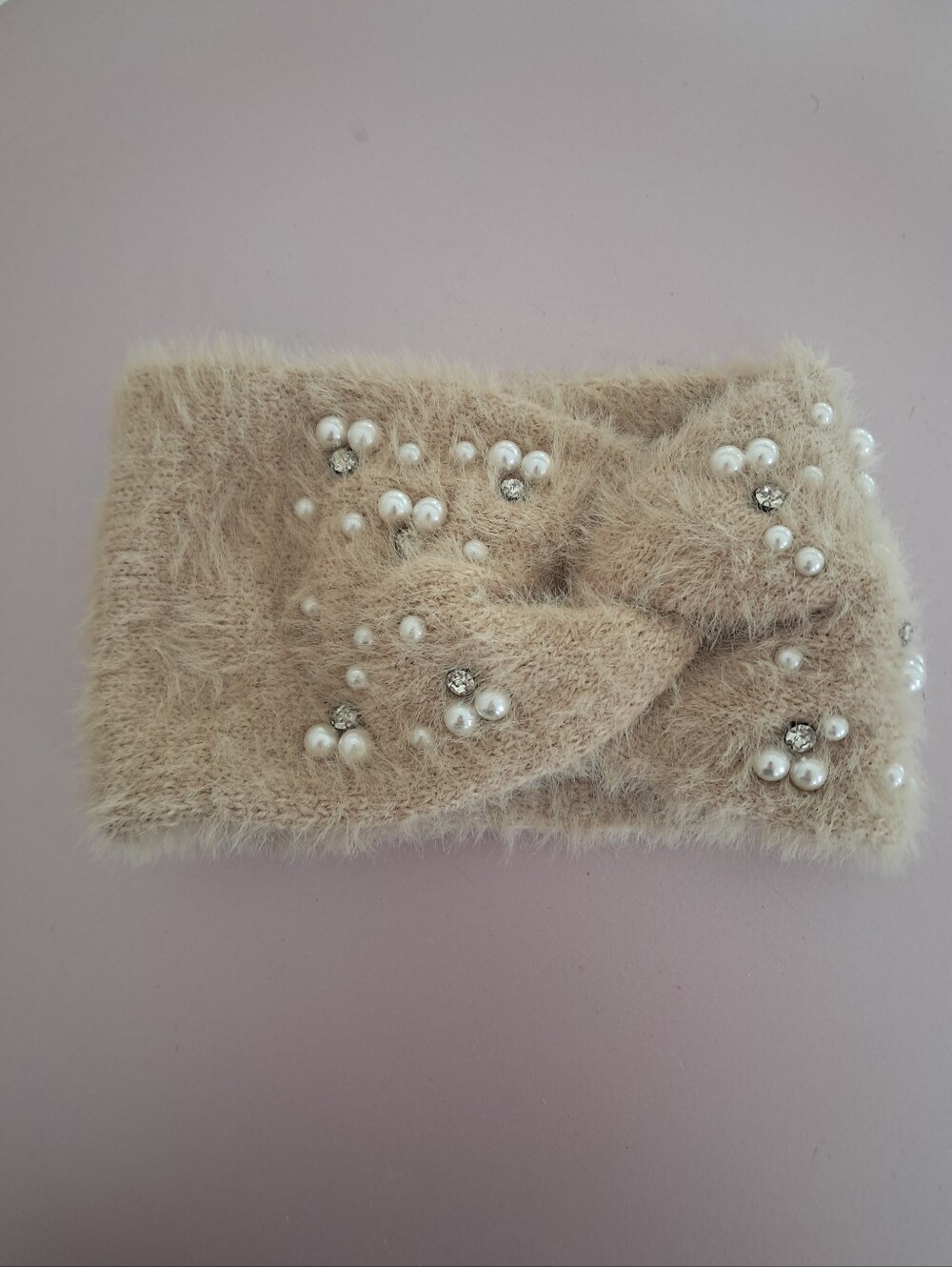 Vtg Unbranded Women's Cream Ivory Angora Pearl Beaded Natural Fiber Headband